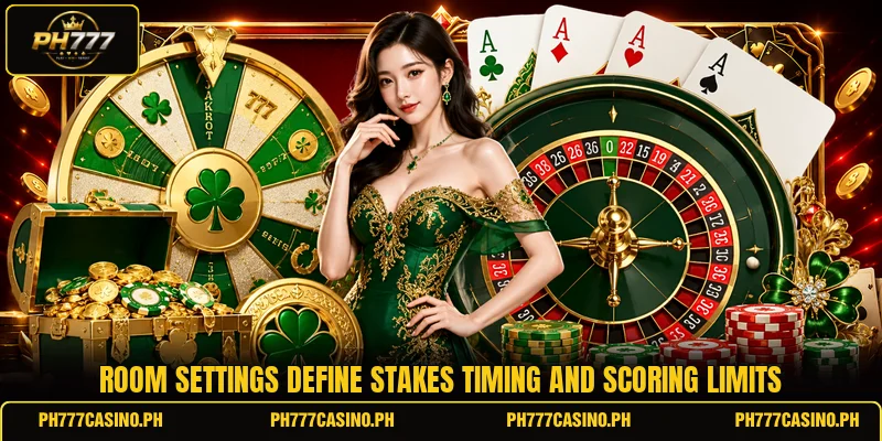 Room settings define stakes timing and scoring limits Room settings define stakes timing and scoring limits